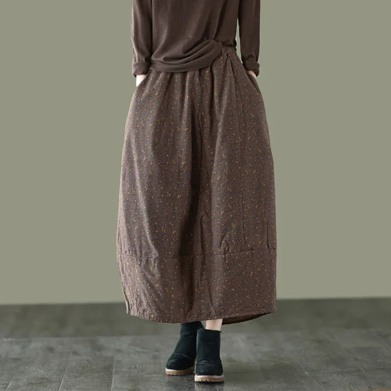 Careaymade New Autumn Winter Print Cotton Skirt Women Elastic Waist Thick Warm Long Skirts Female Loose Vintage Skirts
