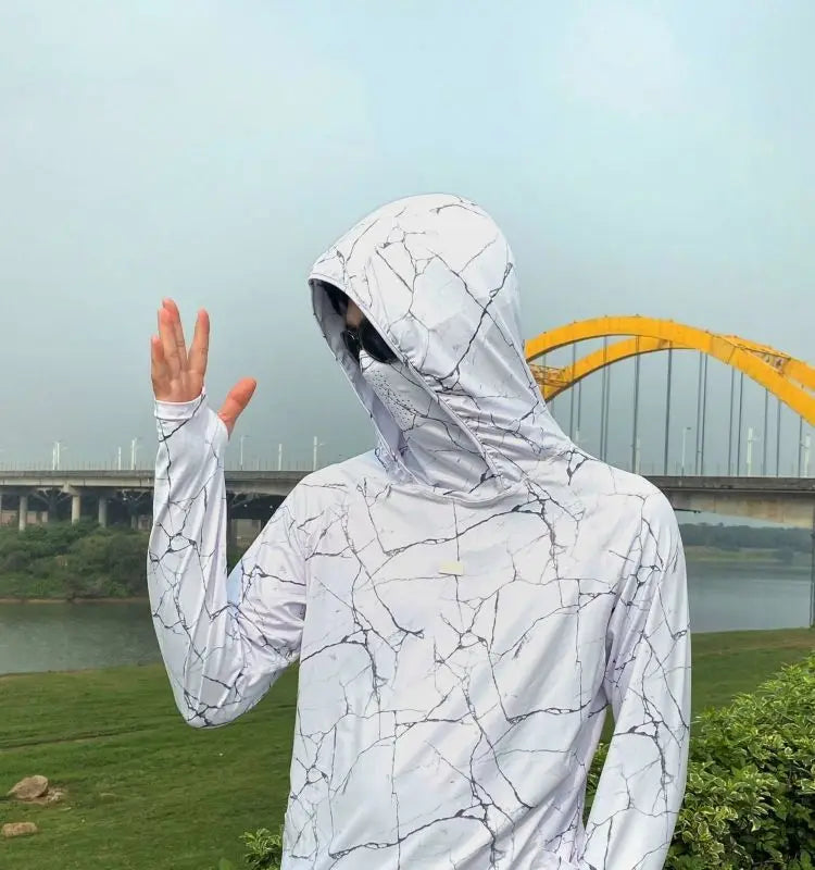 Sun Protection T-Shirts Men Fishing Hooded Outdoor Lightweight Mask Pullover Quick Drying Breathable Anti-UV Cool Sunscreen Tee