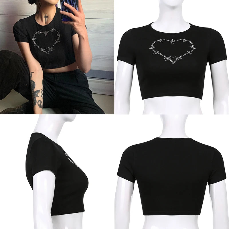Women T-Shirt Y2k Style Crop Tops Tees Rhinestones Slim Graphic Summer Fashion Harajuku Streetwear Short Sleeve Women Clothes
