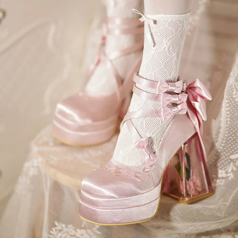 Original Lolita High Heels Elegant Ladies Camellia Embroidery Sweet Bow Satin Mary Jane Shoes Cos Shoes Women's Chunky Heels
