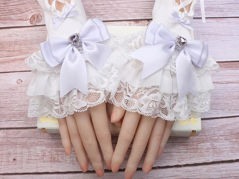 Handmade Sweet Women's Lolita Mine Lace Bow Rhinestone Oversleeves Girls Japanese Style Lace Sleeves Mittens