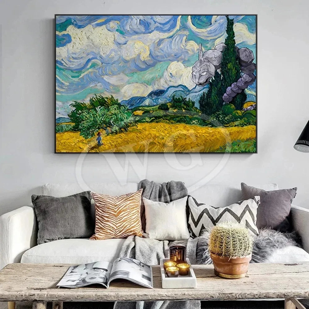 Van Gogh Museum Pocket Monster Anime Character Pikachu Canvas Painting Poster Living Room Bedroom Decoration Christmas Gift