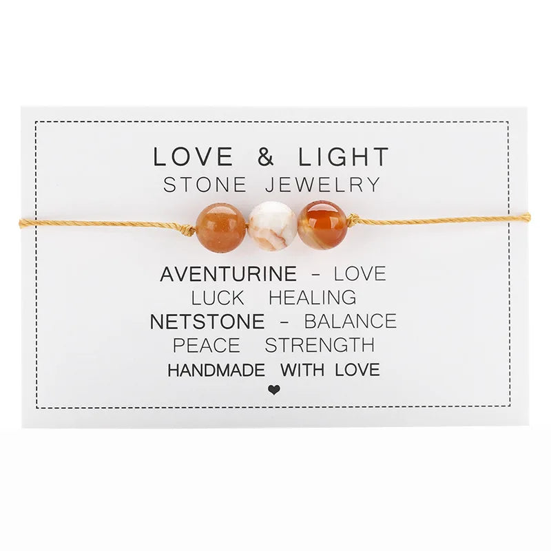 Natural Stone Crystal Round Bead Bracelet Handmade Braid Adjustable Paper Card Rope Chain Yoga Women Men Energy Healing Jewelry