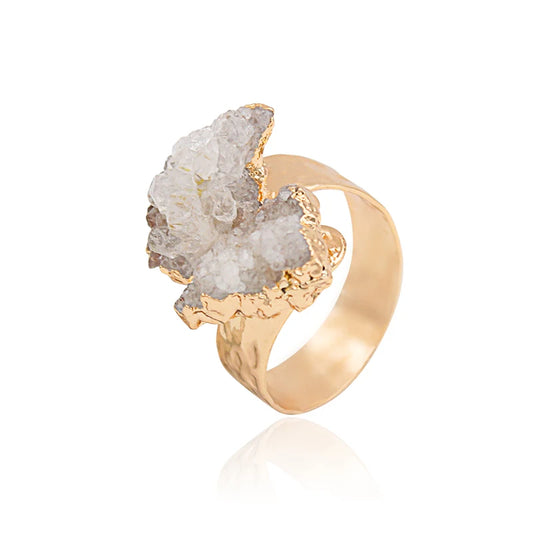 Irregular Raw Crystal Quartz Open Ring for Women Girls Gold-color Boho Natural Stone Finger Jewelry Resizable