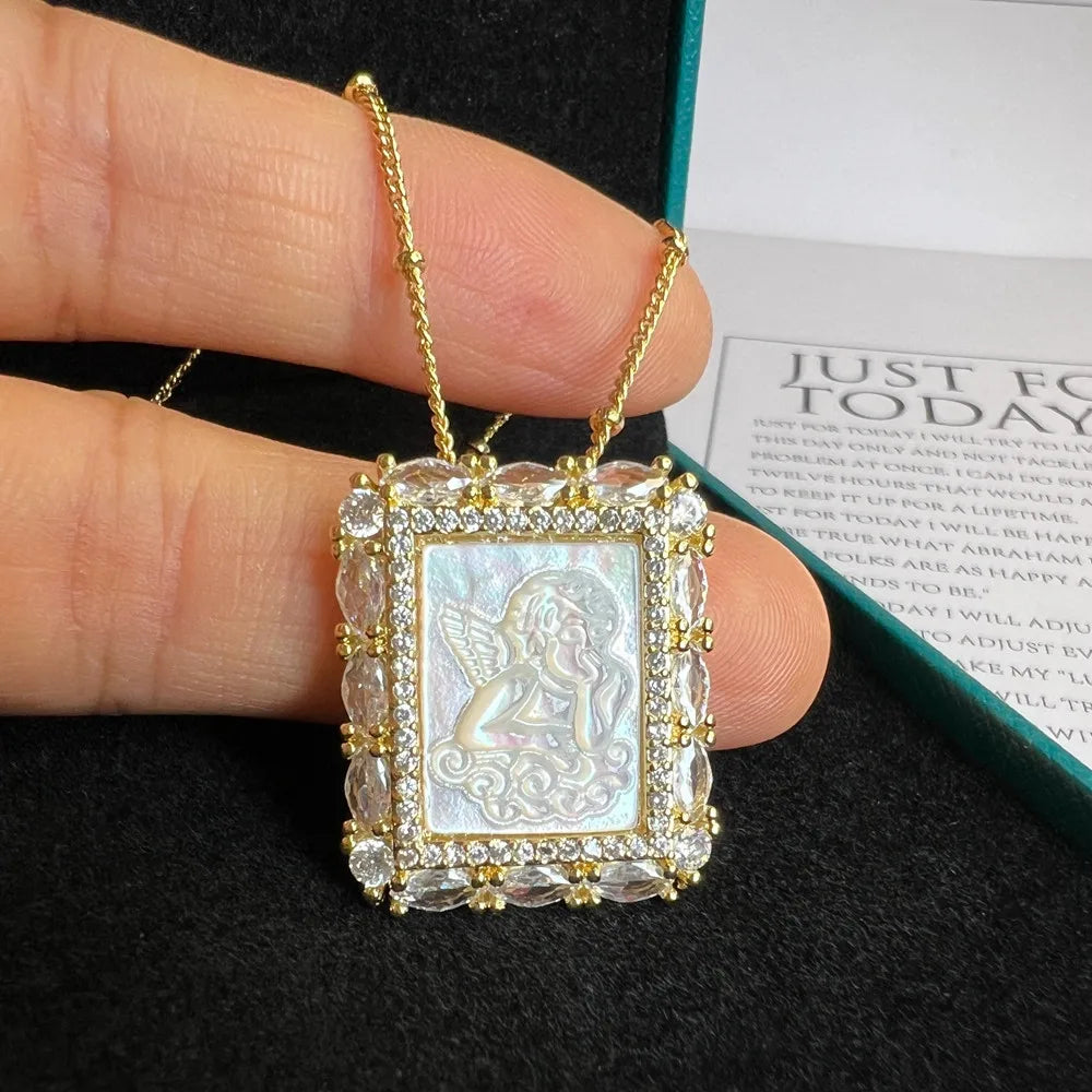 Natural Mother Pearl Shell Virgin Mary Guadalupe San Benito Charm Necklace Rectangle Religious Medals Necklace for Women & Gift