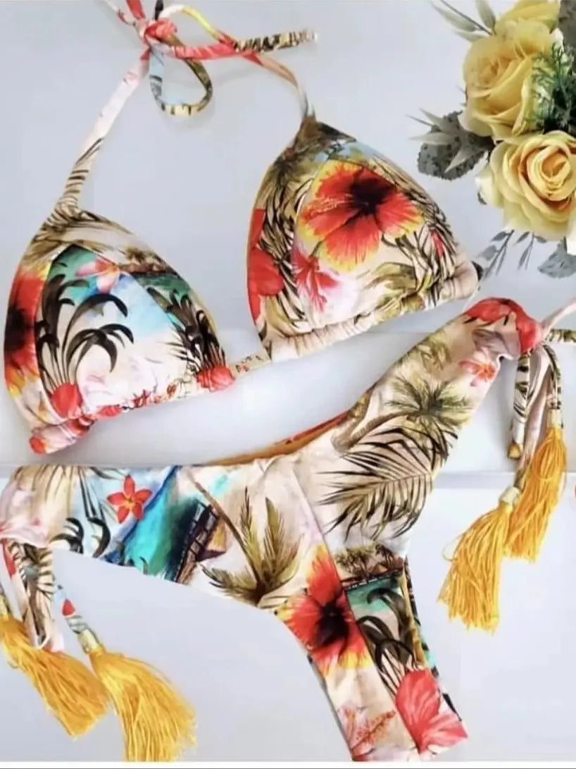 RUOTONSEPT New Sexy Botany Print Bikinis Set Women's Swimsuit Two-piece Triangle Halter Swimwear Bathing Suit Brazilian Biquinis