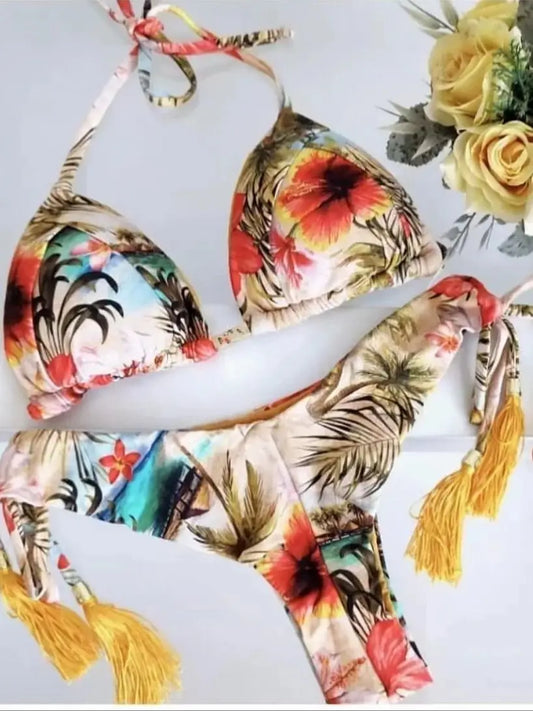 RUOTONSEPT New Sexy Botany Print Bikinis Set Women's Swimsuit Two-piece Triangle Halter Swimwear Bathing Suit Brazilian Biquinis