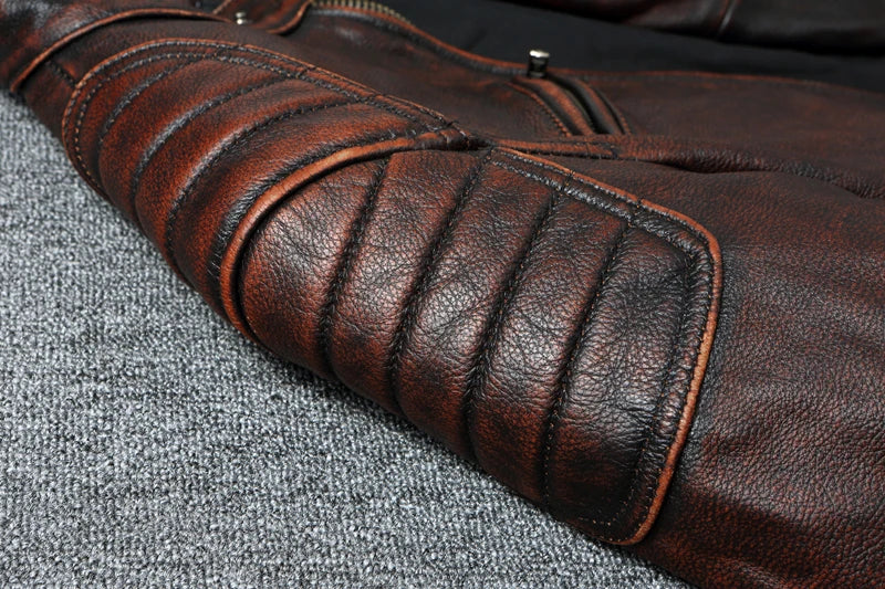 Vintage Red Brown Men Leather Jacket 100% Cowhide Jackets Slim Fit Soft Skin Coat Autumn Jaqueta Masculina De Couro