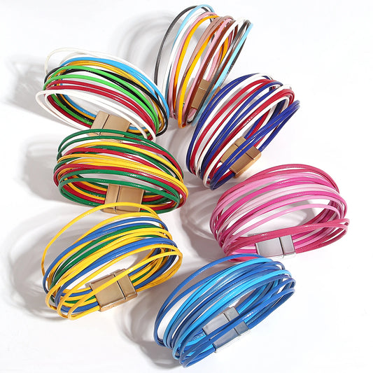 ALLYES Multicolor Rainbow Leather Bracelet Party Jewelry Gifts Fashion Multilayer Slim Strips Wrap Bangle Bracelets for Women
