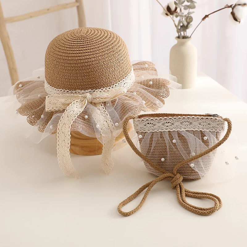 Kids Girls Wide Brim Straw Woven Cap Sun Protection Beach Hat Lace Pearl Summer Floppy Bucket Cap Portable Handbag панама
