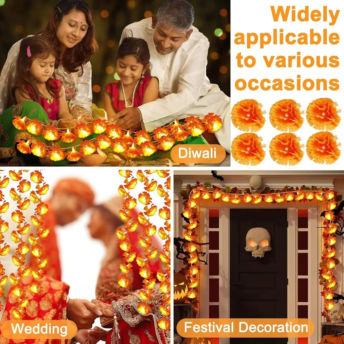 Marigold Flowers LED Light String Halloween Artificial Marigold Garland Battery Powered Lamp Halloween Outdoor Party Decorations