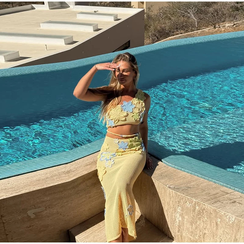 Sexy Beach Women's Set Beading Flower Crochet Crop Top Slim Maxi Skirt Female Suit 2025 Summer Hollow Out Knit Lady Dress Sets