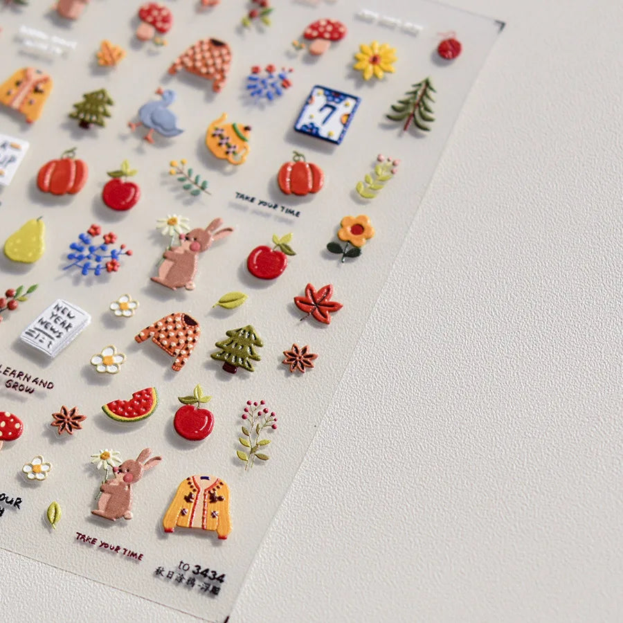 Classic Red Maple Leaves Golden Ginkgo Autumn Harvest 5D Nail Art Sticker Cute Pumpkins Ladybug Mushrooms Adhesive Manicure Deca