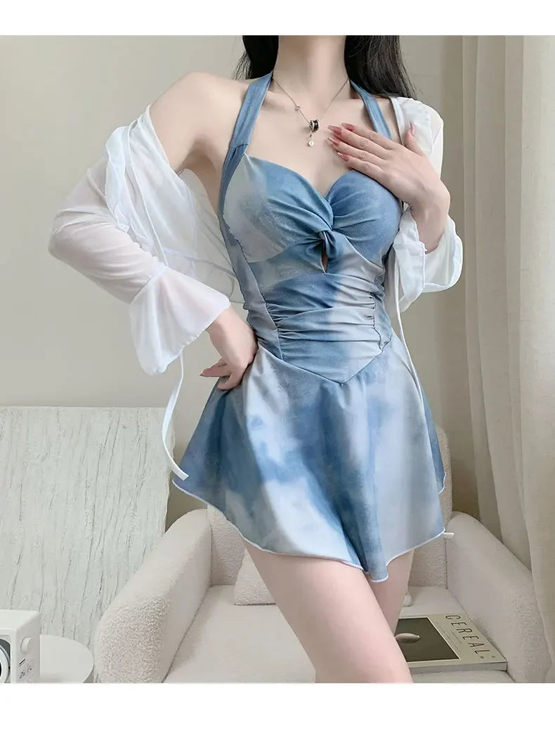 New Tenderness Sweet Cute Blue Halter Bikinis Swimsuit Aesthetics Fashions Slim Onsen Conservative Swimwear Bikinis Set