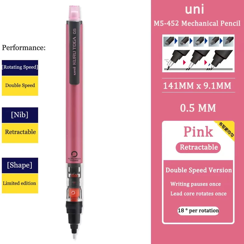 UNI Kuru Toga Mechanical Pencil M5-452 Drawing Pencil 0.5mm Low Center of Gravity Automatic Rotation School Supplies Stationery