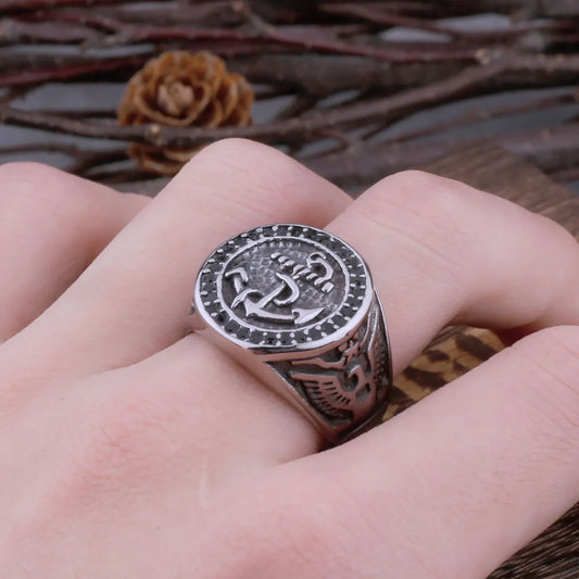 316L Stainless Steel Viking Anchor Ring Men Retro Fashion Hip Hop Charm Biker Ring Jewelry Gift