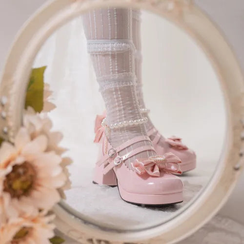 Lolita Shoes New Japanese Cute Round Head Pearl Bow Clips Leather Shoes Pumps Women Mary Jane Shoes High Heels Girls