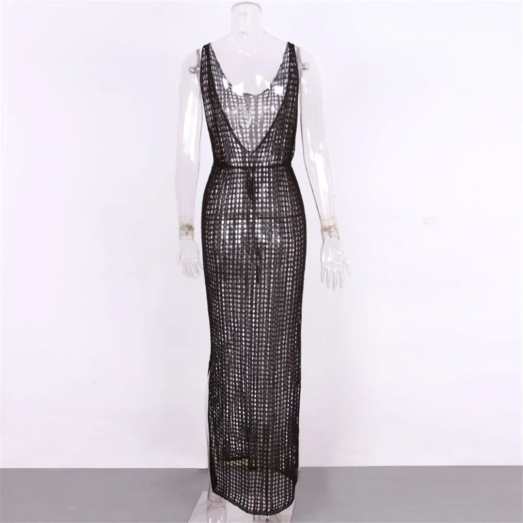 S - XL Backless Hollow out Knitted Crochet Tunic Beach Cover Up Cover-ups Beach Dress Beach Wear Beachwear Female Women V3660