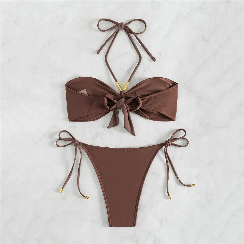 Brown Swimwear String Halter Bandeau Bikinis Sets Micro Thong Sexy Swimsuit Women Back Knotted Bathing Suit Bikini Mujer 2025