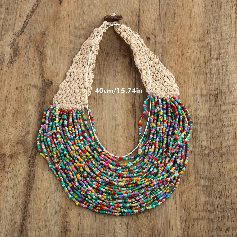 Western fashion retro Bohemian ethnic style exaggerated women's necklaces multiple layers hand woven rice bead wax rope necklace