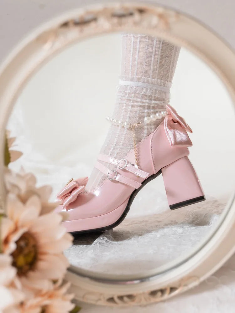 Lolita Shoes New Japanese Cute Round Head Pearl Bow Clips Leather Shoes Pumps Women Mary Jane Shoes High Heels Girls