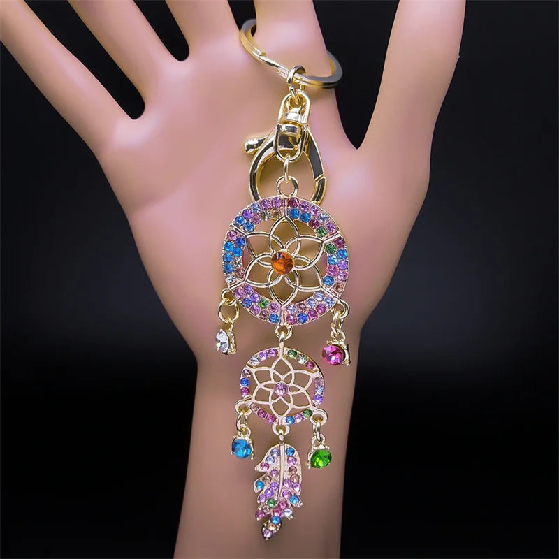 Aesthetic Dream Catcher Key Chain for Women Men Rhinestone Metal Gold Color Y2K Girl Dreamcatcher Keyring Jewelry K9017S02