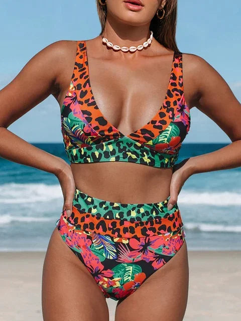 V Neck Bikinis 2024 Women High Waist Swimsuit Print Sexy Swimwear Female Bathers Bathing Swimming Swim Suit Beachwear Summer