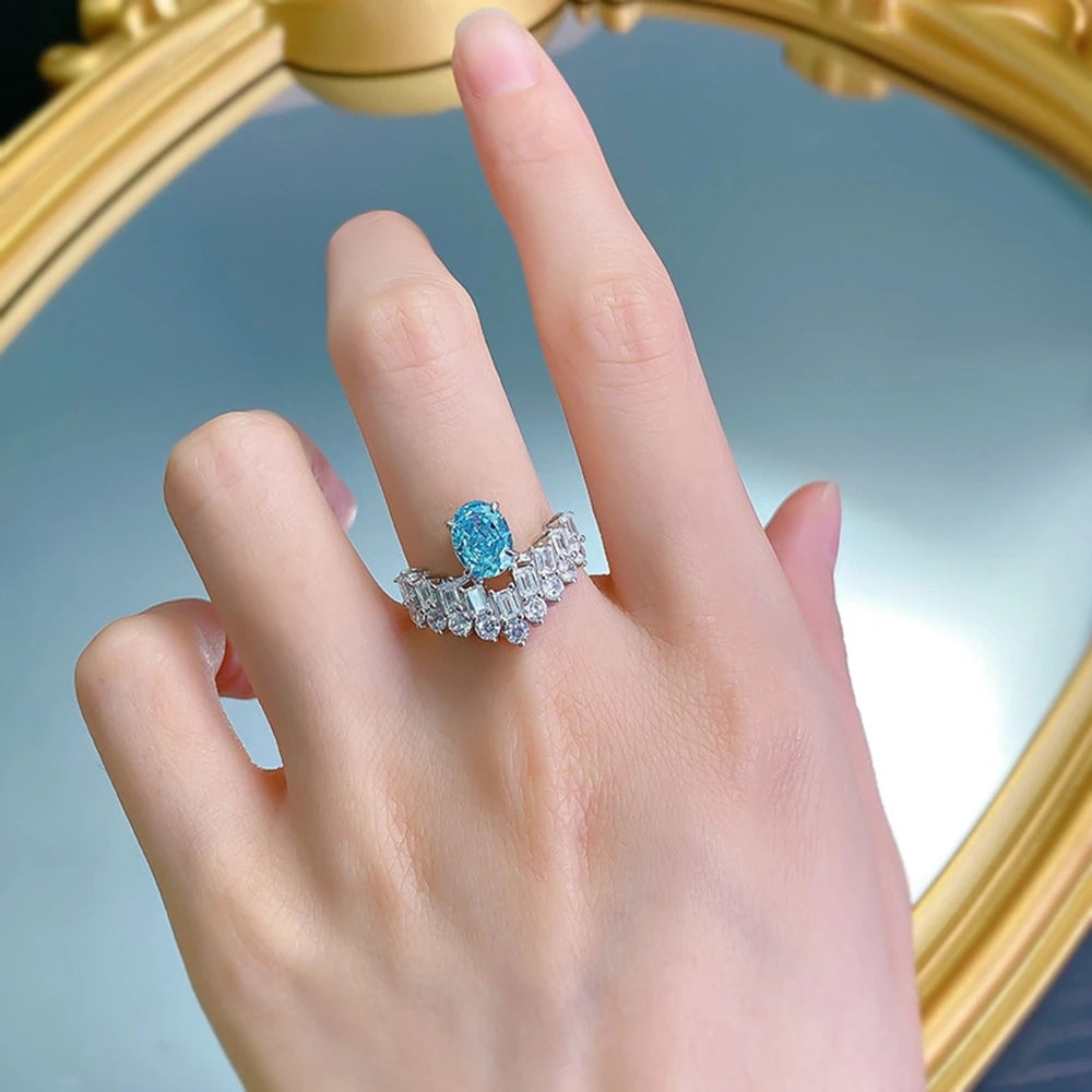 Wong Rain 100% 925 Sterling Silver 6*8 MM Oval Paraiba Tourmaline High Carbon Diamond Gemstone Ring For Women Engagement Jewelry