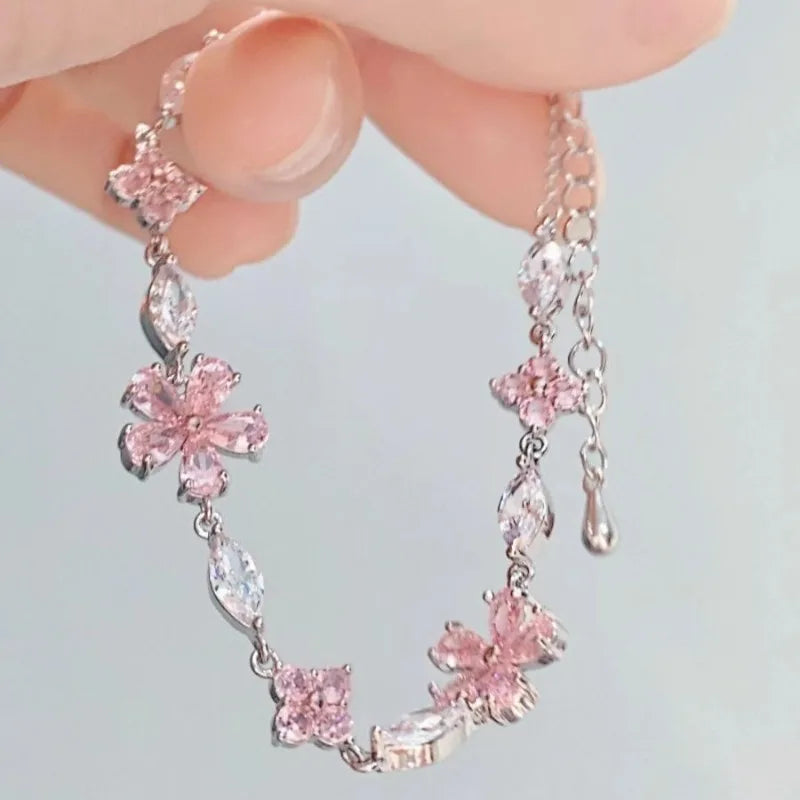 Elegant Crystal Flowers Bracelet For Women Y2K Sweet Girls Moon Cherry Blossom Bow Zircon Bracelets Luxury Designer Jewelry Gift