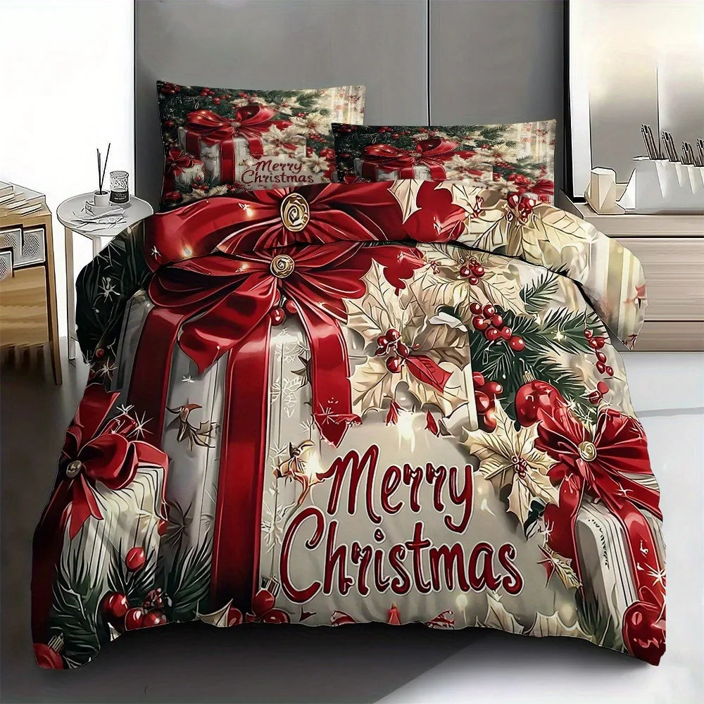 Christmas Bedding Set Red Bow Flowers Printed Cozy Duvet Cover King Queen Twin Single Size New Year Christmas Gift Bedroom Decor