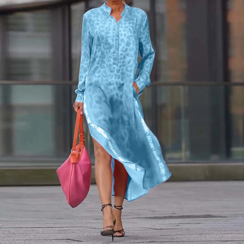 Elegant Leopard Print Long Sleeve Party Dress Woman Spring Summer Casual Button A-Line Dresses Fashion Vacation Split Long Dress