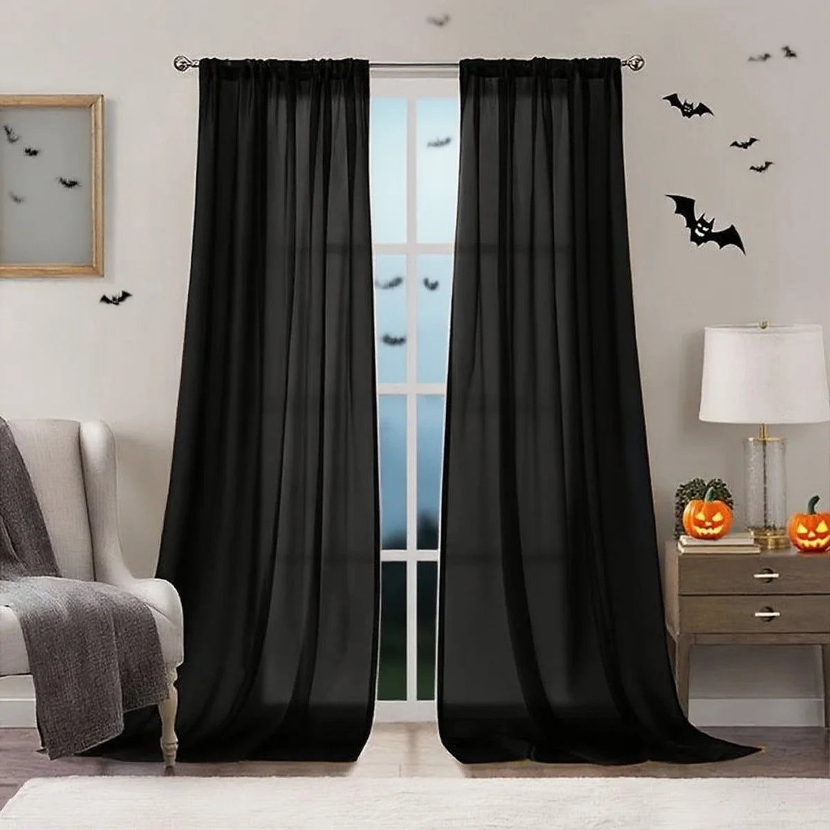 Halloween Ghost Day Holiday Celebration Decoration Orange Black Gauze Threaded Bar Curtain Sheet for Living Room Bedroom Window