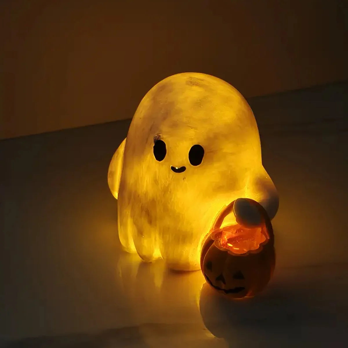 Cute Ghost Figurine with Pumpkin Bag - Luminous Resin Ghost Halloween Statue Desktop Ornament,For Halloween Decoration