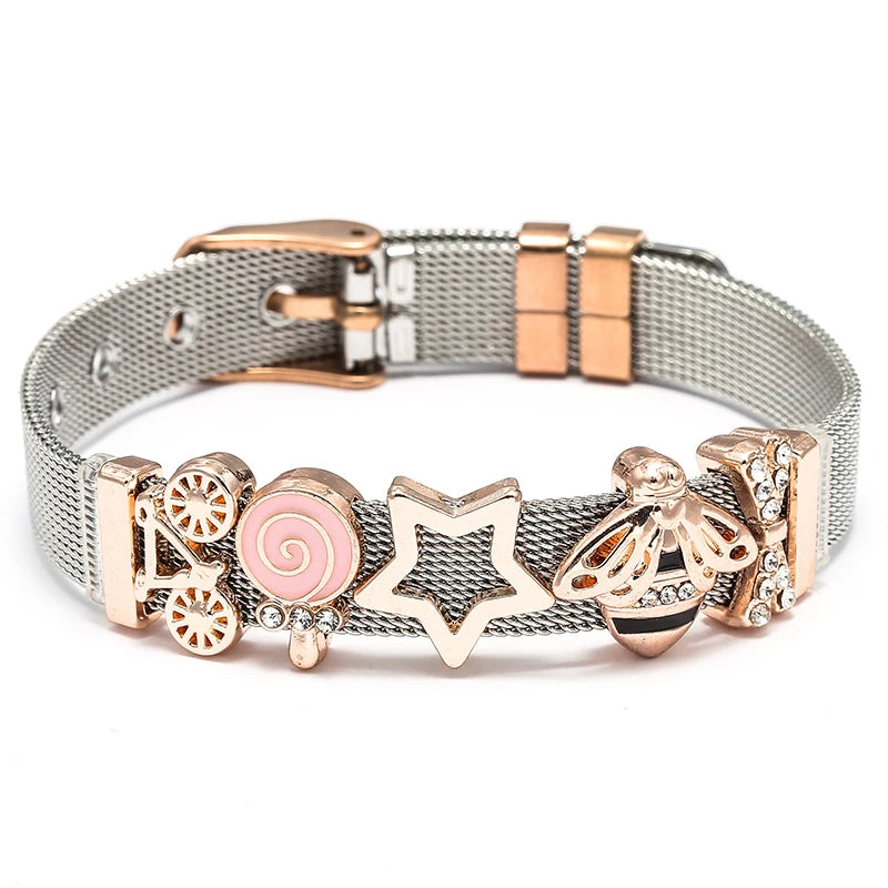 Silver Color Stainless Steel Mesh Bracelets For Women Crystal Santa Claus Beads Charm Watch Belt BraceletsBangles Christmas Gift