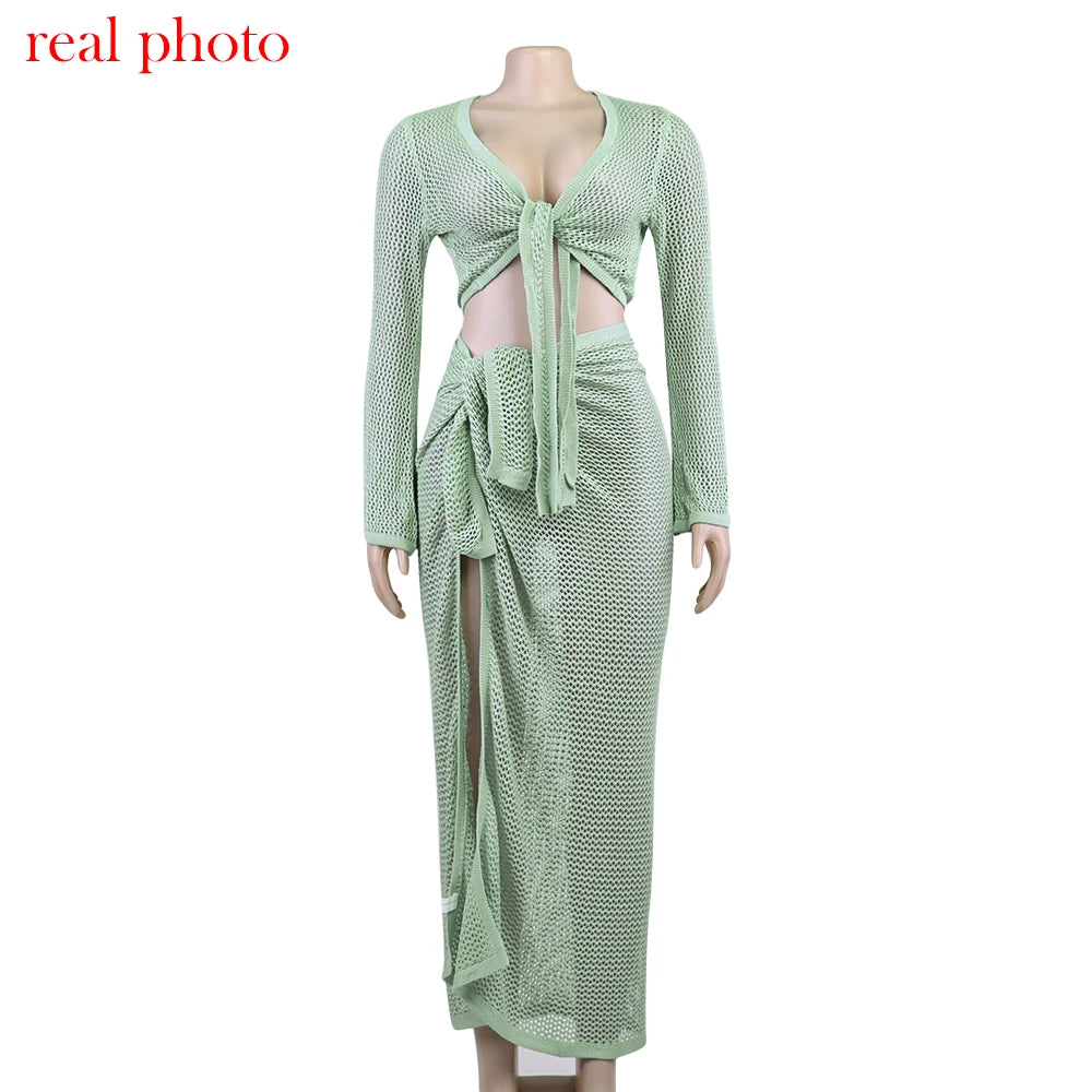 Cryptographic Hollow Out Knitted Top and Skirt Sets Outfits Women Elegant Summer Wrap Over Split 2 Piece Set Holiday Beachwear