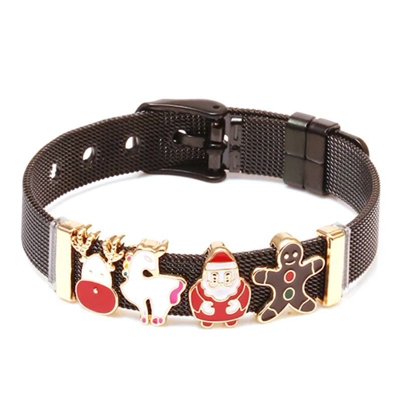 Silver Color Stainless Steel Mesh Bracelets For Women Crystal Santa Claus Beads Charm Watch Belt BraceletsBangles Christmas Gift