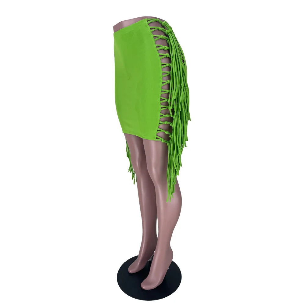Sexy Wrap Women Mini Skirts Solid Bodycon Streetwear Skirts 2022 Summer Chic Hollow Out Tassel Y2K Style Bottom Outfits