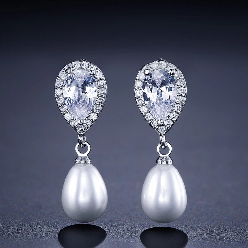 ZAKOL Fashion Imitation Pearl Dangle Earrings Luxury Jewelry for Women AAA Water Drop Cubic Zirconia Wedding Earring