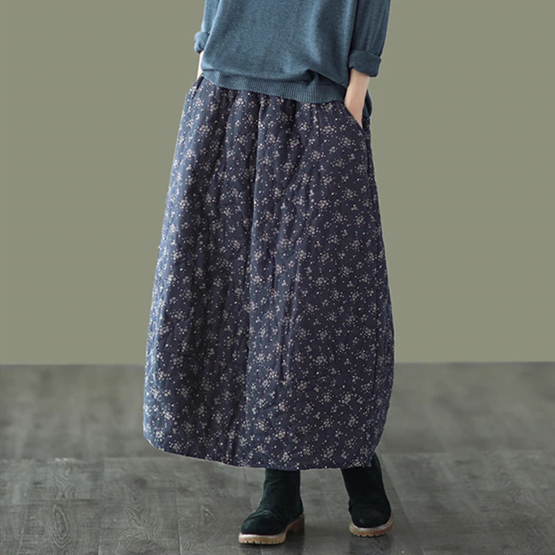 Careaymade New Autumn Winter Print Cotton Skirt Women Elastic Waist Thick Warm Long Skirts Female Loose Vintage Skirts