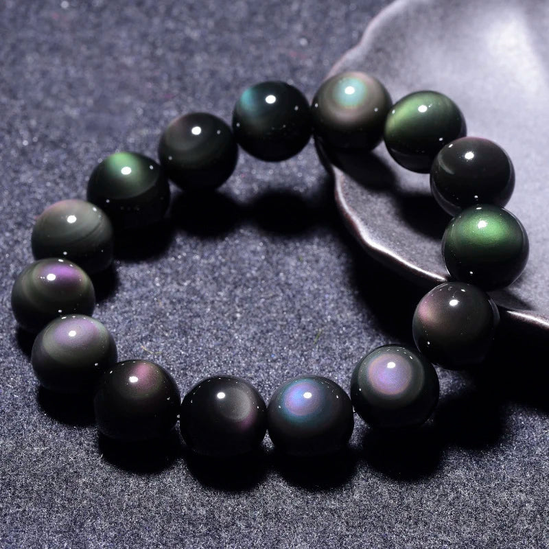Couple Beaded Bracelet Natural Double Rainbow Obsidian Bead Bangle for Women Reiki Healing Loves Jewelry Valentine's Day Gift
