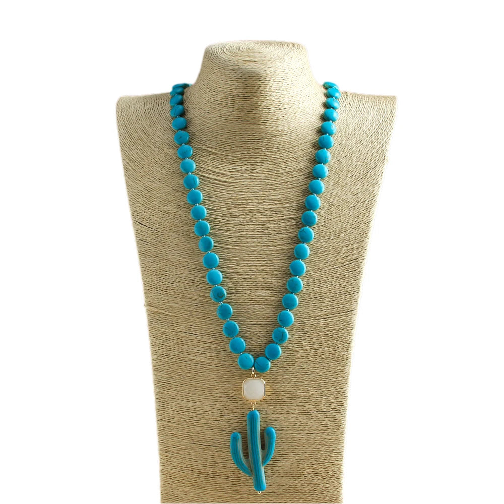 Fashion Knotted Flat White Stone Crystal Link Ethnic Cactus Necklace Bohemian Tribal Jewelry