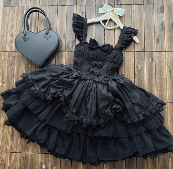 Original Design New Summer Lolita Dress Women's Sweet Flower Wedding Lace Bowknot JSK Sling Dress Black and White Princess Dress