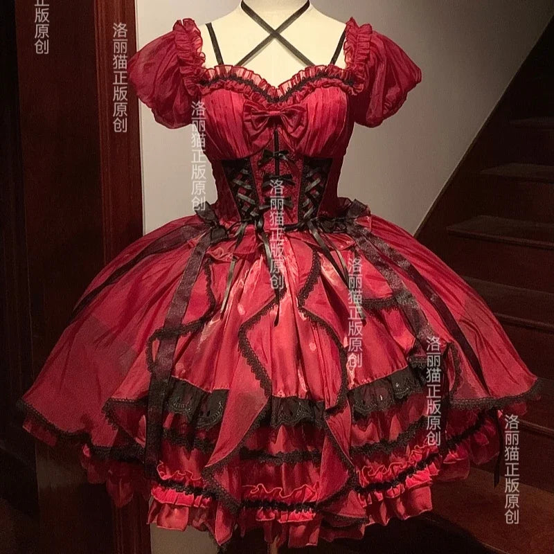 Lolita Sweet Girl Princess Dress Spring and Summer Off Shoulder Women's Short Sleeve Slim OP/JSK Short Ball Gown Dress