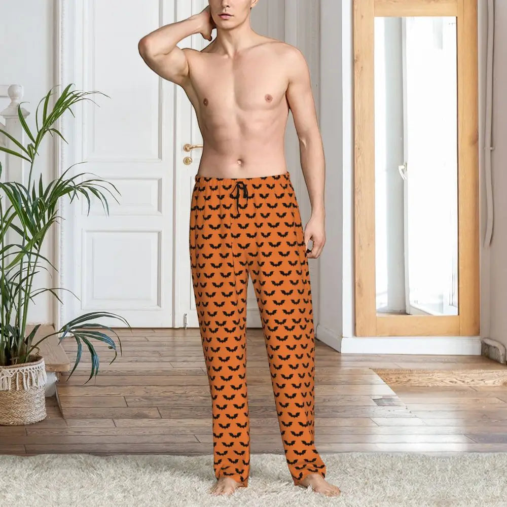 Custom Cute Spooky Halloween Bats Black And Purple Pajama Pants for Men Lounge Sleep Drawstring Sleepwear Bottoms with Pockets