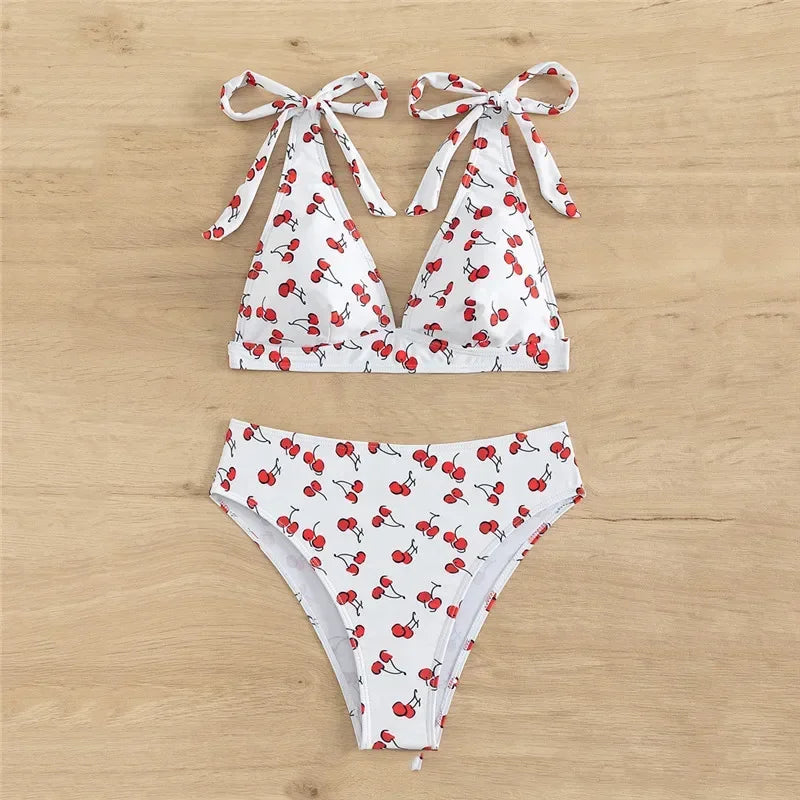 Sexy Cherry Print Swimsuits Women Push Up Bikinis Sets High Waist Swimwear Knotted Straps Bathing Suit Bathers Bikini 2024 Mujer