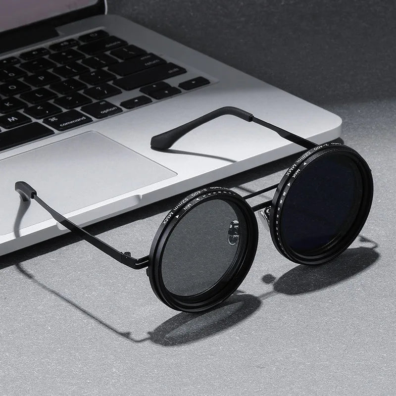 KLASSNUM ND Sunglasses Dimming Glasses Men Outdoor Polarized Sun Glasses Retro Punk Round Frame Women ND9 Tint Eyepiece New In