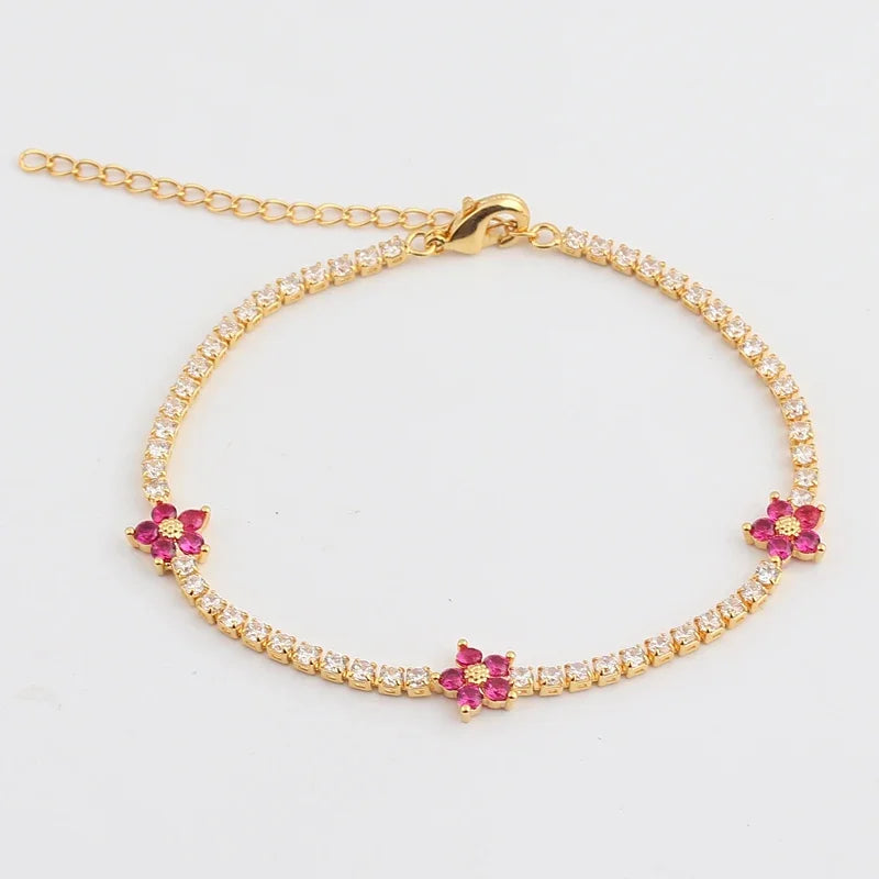 Luxury Rainbow CZ Flower Tennis Chain Bracelet For Women Girls Iced Out Bling CZ Paved Colorful Daisy Flower Bracelet