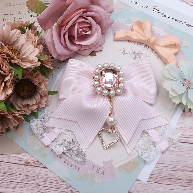 Japanese Sweet Cute Handmade Rhinestone Bow Hairpin Pearl Lace Hairclips Lolita Women Girls Side Clip Bag Pendant Handbag Charms