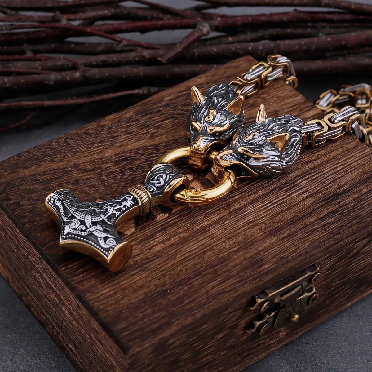 High Quality Viking Wolf Head Thor's Hammer Set Necklace Pendant Stainless Steel Biker Party Personality Men's Jewelry Gift