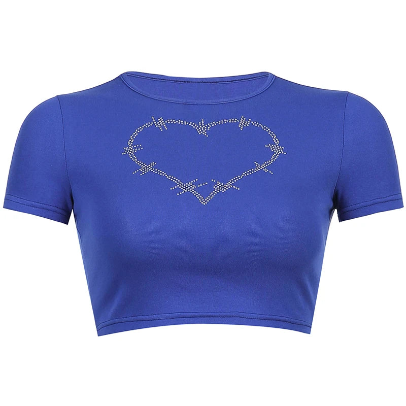 Women T-Shirt Y2k Style Crop Tops Tees Rhinestones Slim Graphic Summer Fashion Harajuku Streetwear Short Sleeve Women Clothes
